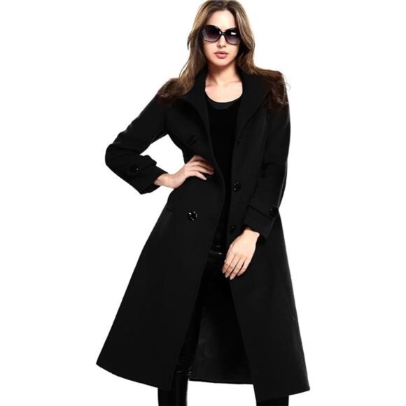 Women's Wool Trench Coat Winter Double-Breasted Jacket with Belts - Picture 4 of 9